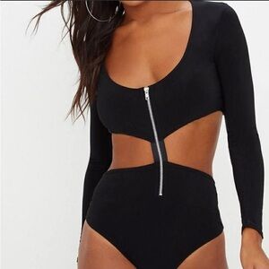 PrettyLittleThing Black Zipper Cut-Out Slinky Bodysuit